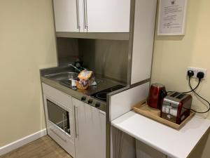 a small kitchen with a sink and a stove at Southernwood - Garden Lodge 12 in Didcot