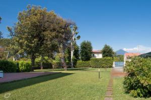 Villino Azzurro Mare في مارينا دي بيتراسانتا: حديقة بها عشب أخضر وأشجار وممشى
