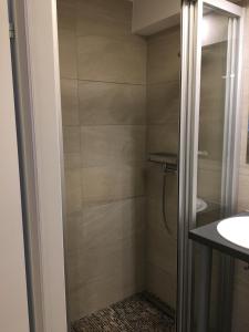 a bathroom with a shower and a sink at Cosy flat in the quiet area with own garden, free parking and direct public transport link to the centre in Vienna