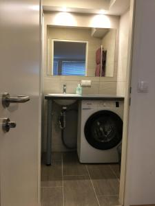 a bathroom with a washing machine and a sink at Cosy flat in the quiet area with own garden, free parking and direct public transport link to the centre in Vienna