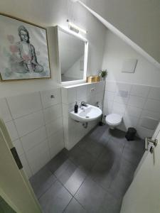 a bathroom with a sink, toilet and mirror at White Pearl Hostel 2 in Nuremberg