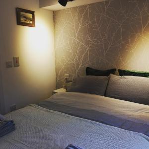 1 dormitorio con 1 cama grande y pared en Beside the Bay en Millport
