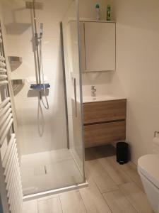 un baño con ducha y lavabo en Appartement, residentie Syci, en Koksijde 8 fotos más
