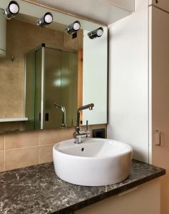 a bathroom with a sink and a mirror at CinqueSensi - Condominio La Zoca in Madesimo