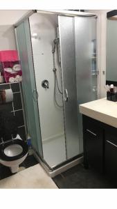 a bathroom with a toilet and a glass shower at CHAMBRES D’HÔTES EILAT in Eilat