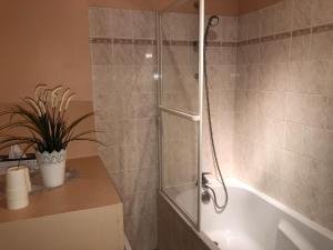 bagno con doccia, vasca e lavandino di La Lézardière a Épeigné-les-Bois