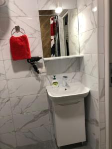 ein weißes Badezimmer mit einem Waschbecken und einem Spiegel in der Unterkunft Apartment Studio LONDON 92 in Irpin