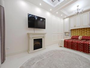 1 dormitorio con chimenea y TV de pantalla plana en Квартира посуточно в Соломенском районе, en Kiev