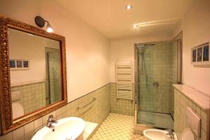 ein Bad mit einem Waschbecken, einer Dusche und einem Spiegel in der Unterkunft Park View Bucharest in Bukarest