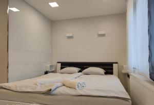 En eller flere senge i et værelse på AQUA SOLAR APARTMANHÁZ
