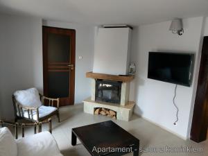 a living room with a fireplace and a tv at Apartamenty Martushka in Karpacz