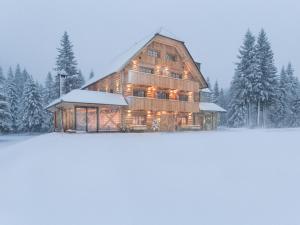 a large wooden house in a snow covered forest at Guesthouse Lajnar in Zgornja Sorica