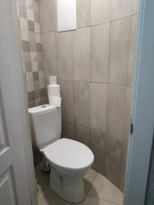 a bathroom with a white toilet and a tile wall at Apartmen28juni in Chernivtsi