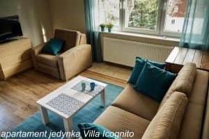 シュクラルスカ・ポレンバにあるApartament Jedynka Villa Incognitoのリビングルーム(ソファ、テーブル付)