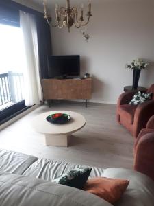a living room with a couch and a coffee table at Apartment Havenzicht in Blankenberge