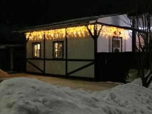 a house with christmas lights on it at night at Бутик Четыре сезона Великий Устюг in Velikiy Ustyug