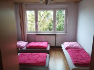 3 camas en una habitación con ventana en Ländliche Erholung 3 en Thiemendorf