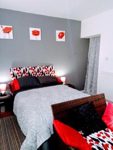 a bedroom with a bed with red and black pillows at Oxford Road in Macclesfield