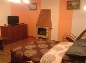 sala de estar con mesa y chimenea en Apartman Nadezda, en Karlovy Vary