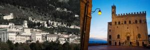 dos fotos de un edificio y una torre del reloj en Affittacamere Giada, en Gubbio