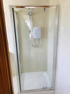 a shower with a glass door in a bathroom at Oak Trees Corner stylish , relaxing , getaway in Wicklow