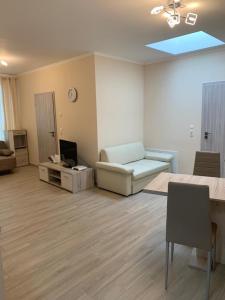 salon z kanapą i laptopem na stole w obiekcie 2Raum-Apartment Leznew w Lipsku