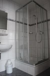 a shower with a glass door in a bathroom at Hotel Küferschänke in Sinsheim