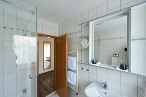 ein Bad mit einem Waschbecken und einer Glasdusche in der Unterkunft Fetzers Landhotel in Ingelheim am Rhein