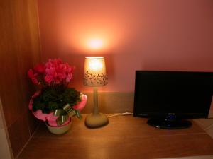 a desk with a lamp and a computer and flowers at Hotel Il Roscio in Attigliano