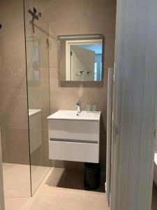 a bathroom with a sink and a glass shower at De Vossenheuvel in Venlo