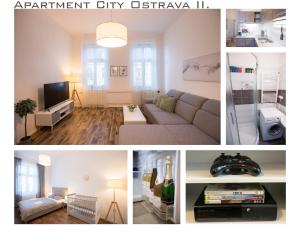 a collage of photos of a living room and a apartment apartment city etkin at FAMILY Apartment OSTRAVA in Ostrava