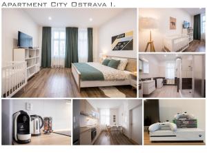 a collage of photos of a bedroom and a nursery at FAMILY Apartment OSTRAVA in Ostrava