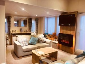 a living room with a couch and a fireplace at Hot tub hols in Bear Lodge with roof terrace in Tattershall