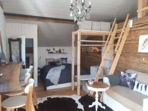 a bedroom with a bunk bed and a couch at Studio Chic mit Whirlpool in Wildhaus