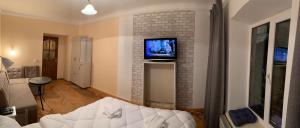 a living room with a couch and a tv on a wall at Mary in Lviv