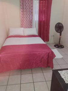 una camera da letto con un grande letto con una coperta rossa di Hilltop View Guesthouse a Castries