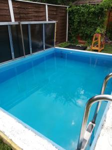 una piscina con agua azul en un patio trasero en Apartman LALI, en Veľký Meder
