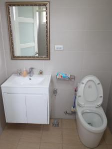 bagno con lavandino, servizi igienici e specchio di 水車閣民宿 a Zhushan