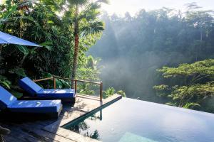 a swimming pool with two blue chairs next to a forest at Ubud Valley Boutique Resort in Ubud