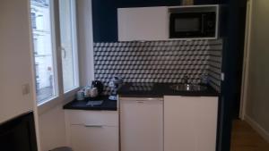 uma pequena cozinha com um lavatório e um micro-ondas em Charming Appartement em Reims