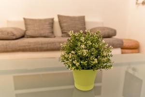 un vase jaune avec des fleurs sur une table devant un canapé dans l'établissement Raday Prime Exclusive Budapest, à Budapest