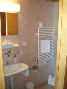 a bathroom with a sink and a toilet and a mirror at Hotel Restaurant Alpenblick in Ernen