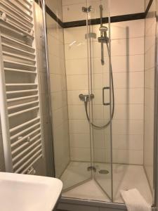 a shower with a glass door in a bathroom at Pension Villa Else in Heidenau