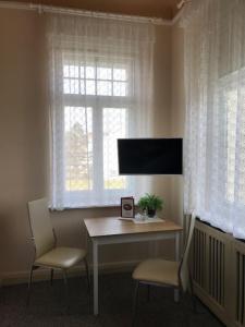 Zimmer mit einem Tisch, 2 Stühlen und einem Fenster in der Unterkunft Pension Villa Else in Heidenau