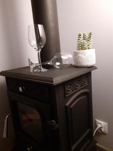 a black table with a wine glass and a cactus at Domek Jarmuta in Szlachtowa