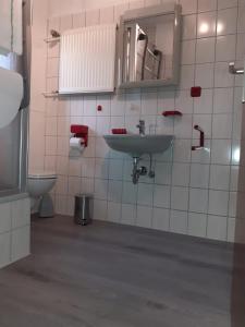 Büdingen-Ferienwohnung Bausch في بودينغن: حمام مع حوض ومرحاض