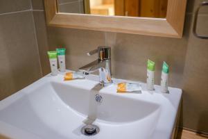 a bathroom sink with two toothbrushes and a mirror at Huellas y Senderos Hotel in Coihaique