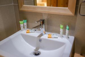 um lavatório de casa de banho com duas escovas de dentes e um espelho em Huellas y Senderos Hotel em Coihaique