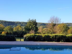 a swimming pool with trees and a hill in the background at Luxurious holiday home with private pool in Salernes