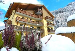 un edificio con un ramo de flores en la nieve en Cimon Dolomites Hotel, en Predazzo